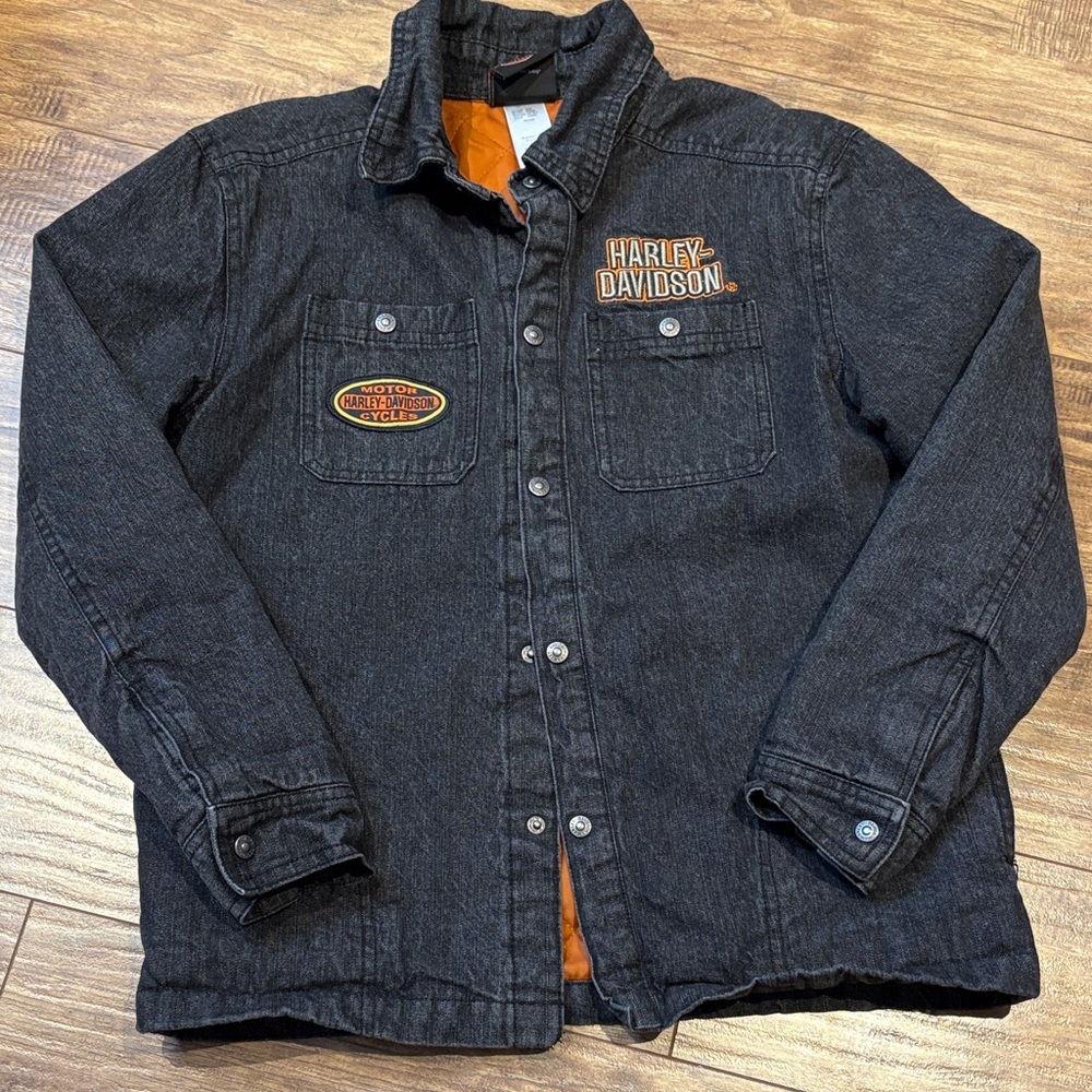 Harley-Davidson black denim warm Jacket with Orange Accents youth size 12/14